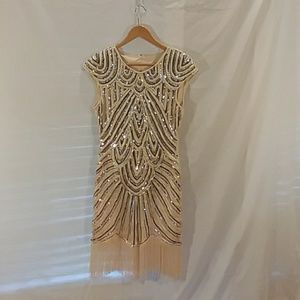 1920s beige party flapper dress
